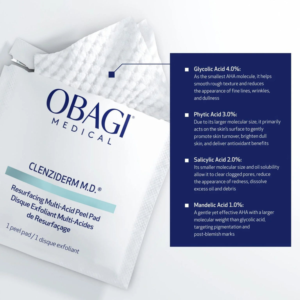 Obagi Medical CLENZIderm M.D. Resurfacing Multi-Acid šveičiamieji veido padeliai, 30 vnt.